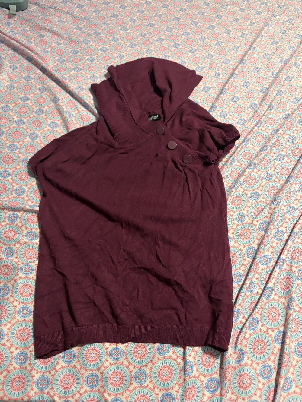 Unlisted Sleeveless Hooded Knit Top in Plum with Button Accents